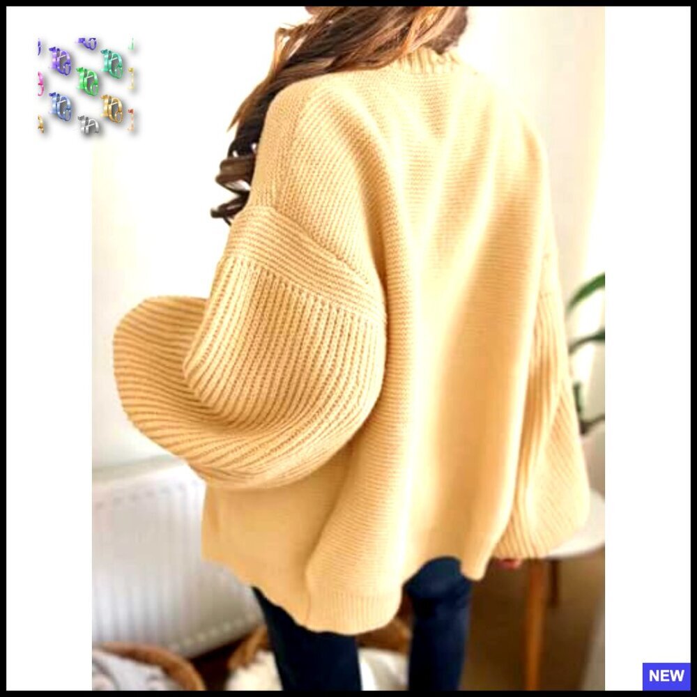 Oversized Cardigan Chunky Knit Lantern Sleeves Open Front Trendy Sweater - Picture 2 of 7